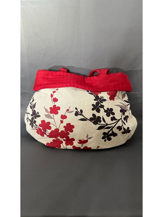Unknown Handbags - Floral Canvas Tote Bag With Quilted Red Accent & Magnetic Closure Spacious Inter